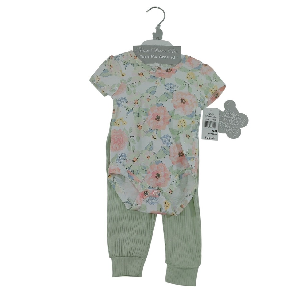 Baby Essentials Floral Bodysuit Pant Set Headband Socks 9M